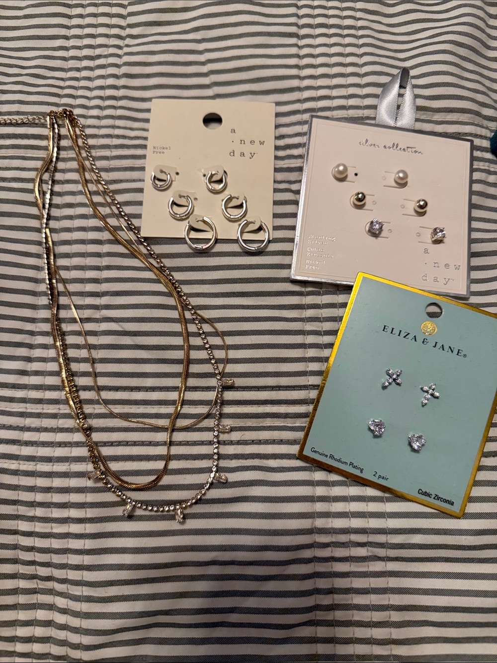 Daiso Mixed Metal Stud and Hoop Earring Set with Gold-Tone Necklaces